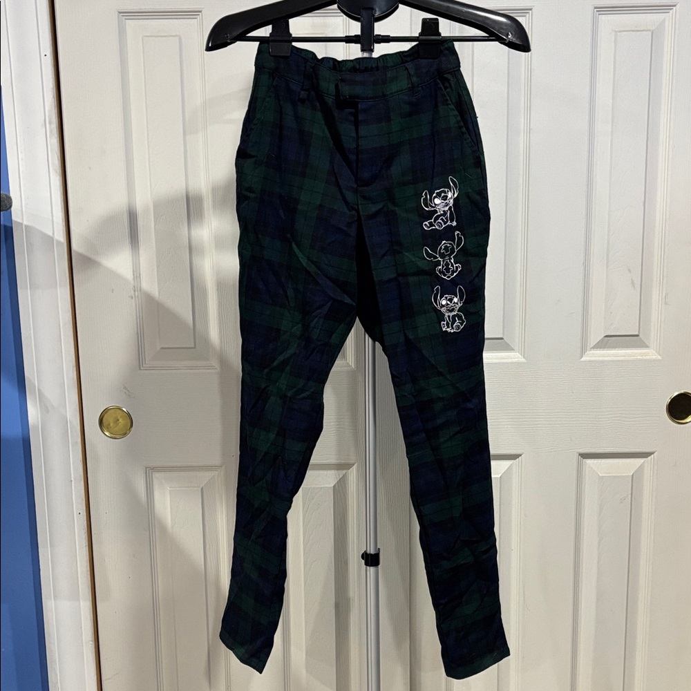 Blue and Green Plaid Trousers with Disney Stitch Embellishment